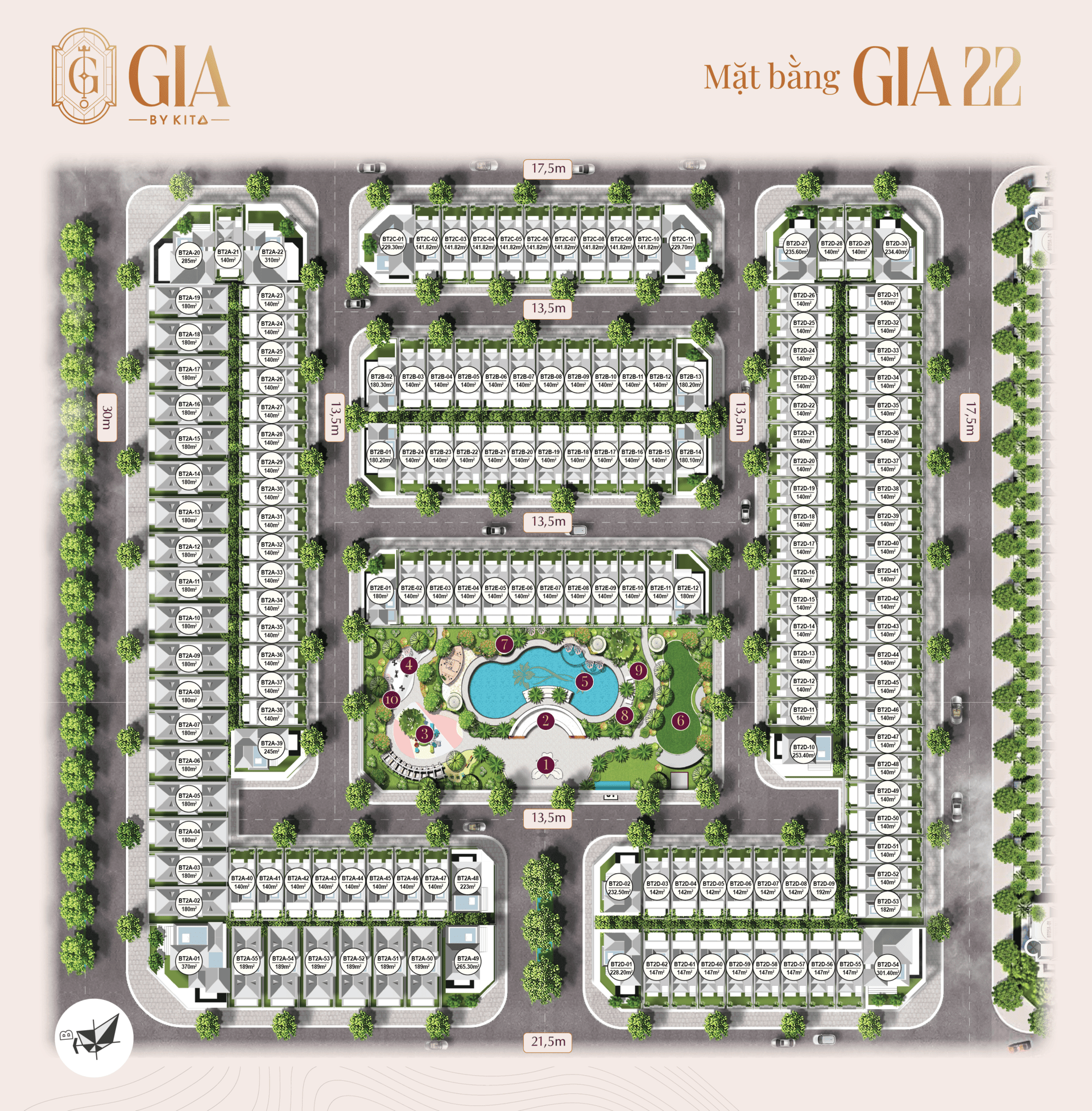 Mặt bằng phân khu GIA 22 dự án GIA by KITA Group quy hoạch khoa học, tối ưu công năng từng không gian, kết nối giao thông nội khu thuận tiện và đón trọn nguồn ánh sáng cùng gió trời tự nhiên. Mặt bằng phân khu GIA 22 GIA by KITA Group bố trí hợp lý giữa mảng xanh và tiện ích, bảo đảm sự riêng tư tối đa cho từng căn biệt thự, shophouse.